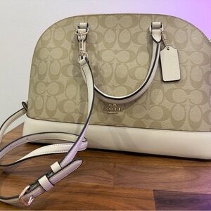 Coach Signature Satchel Beige White Logo Detachable Strap Silver Hardware